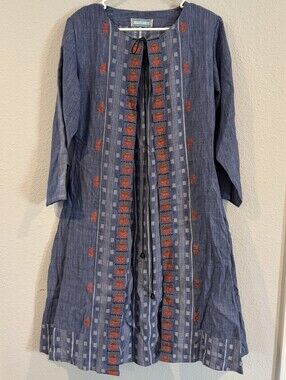 Benzer Womens Vintage Cotton Denim Double Layer Embroidered Western Boho Dress